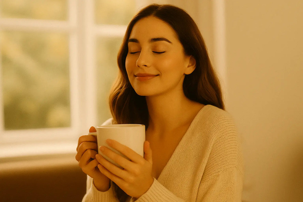 A woman with her coffee in soft morning light