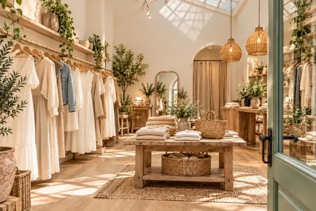 A calm boutique with dresses on a rail