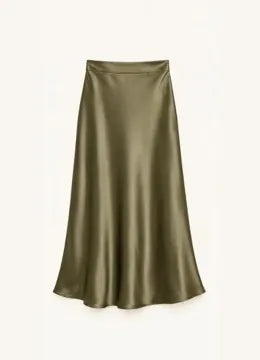 An olive satin skirt